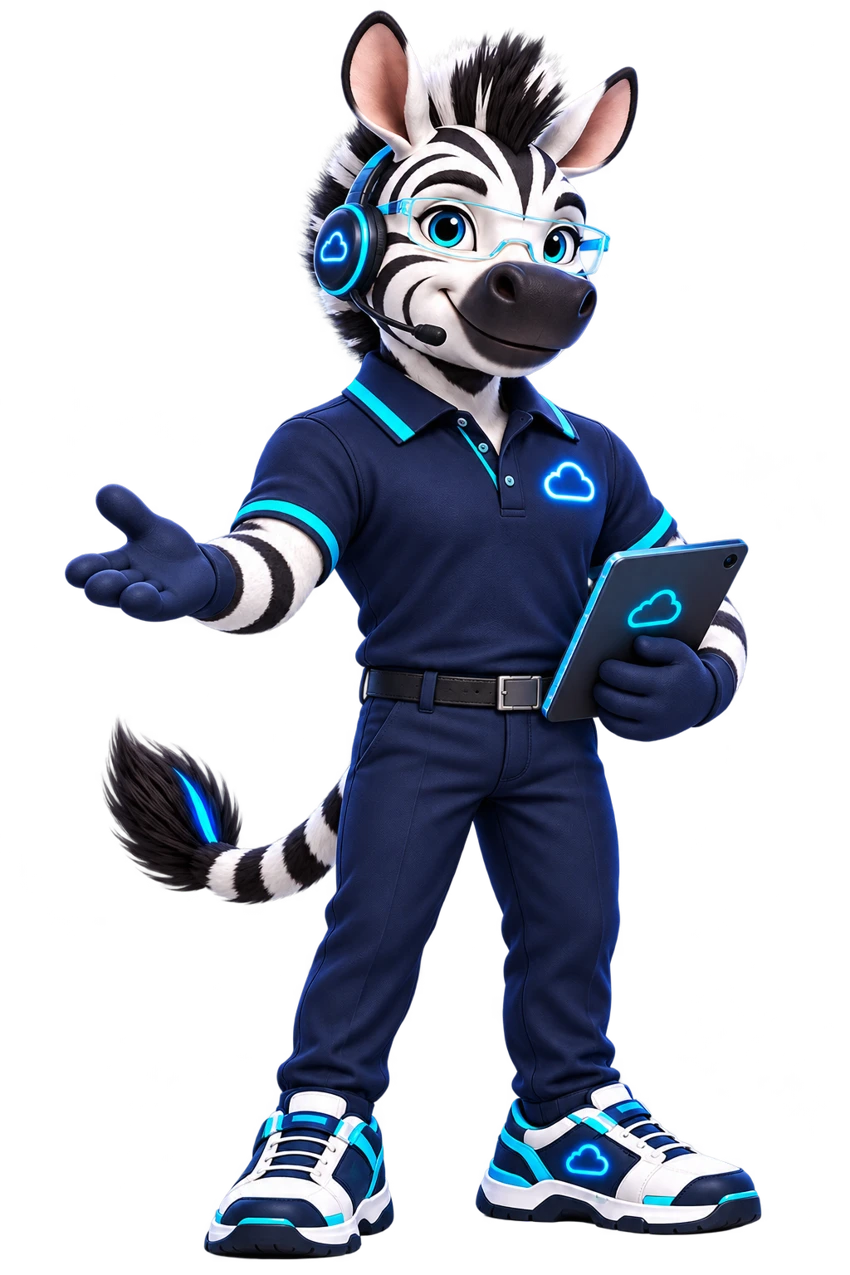 Zebo Support Agent, our friendly zebra mascot with a headset and cloud tablet